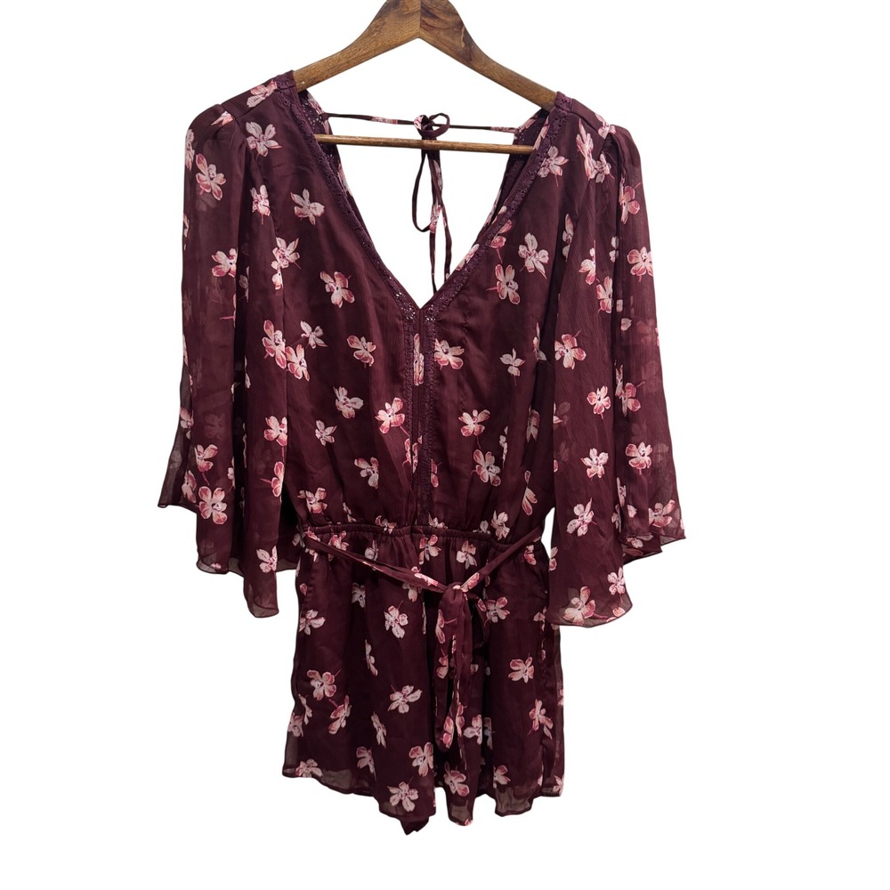 Abercrombie &‎ Fitch Floral Romper Womens Medium Burgundy Excellent Bell Sleeve